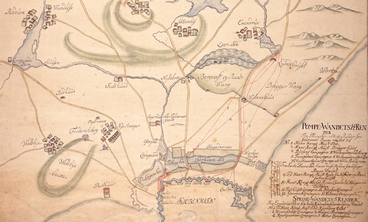 Kort fra 1710, der viser vandforsyningens ledninger fra søerne omkring København og ind til byen.